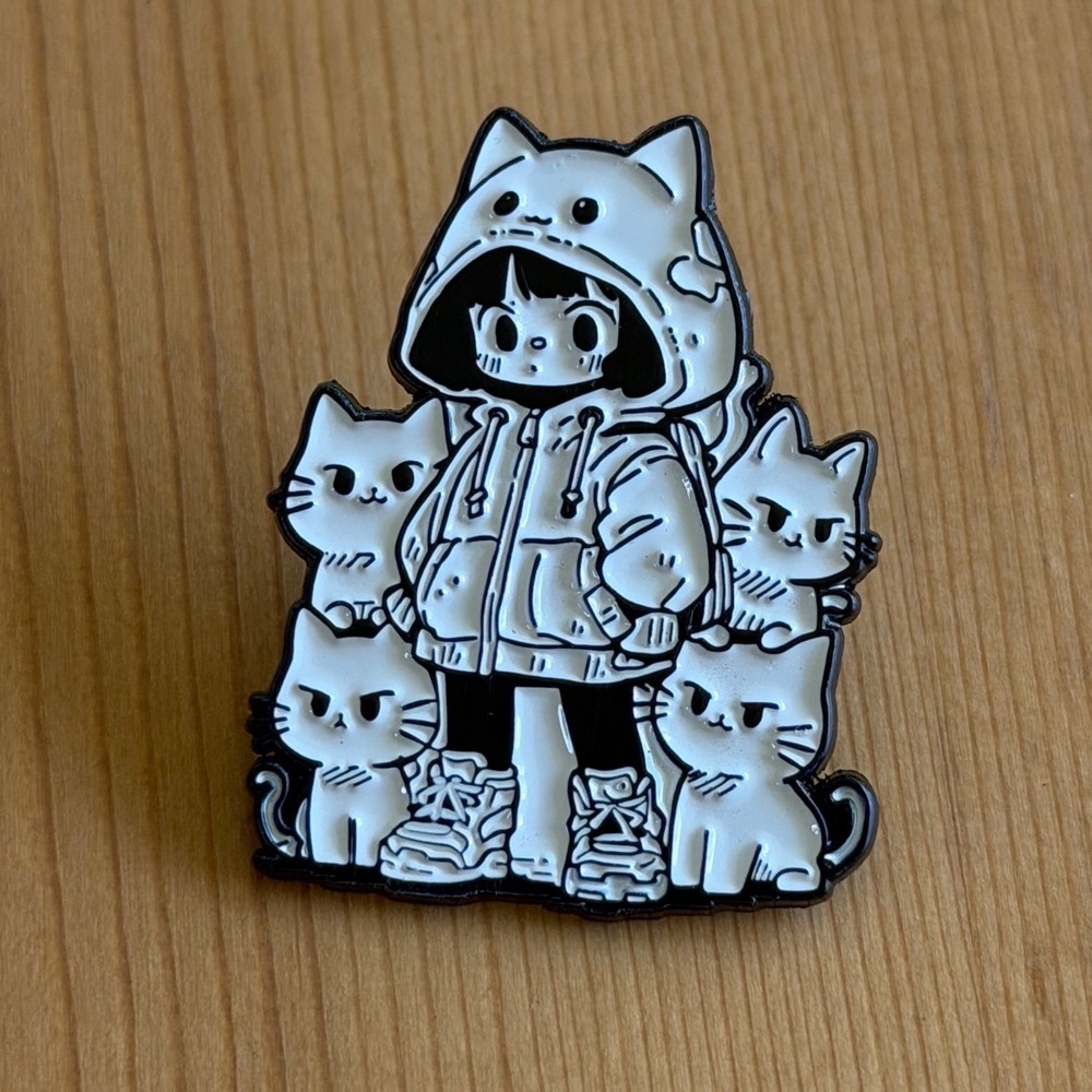Anime Girl in Cat Hoodie Enamel Pin Black White Monochrome Kawaii Neko Lapel Pin